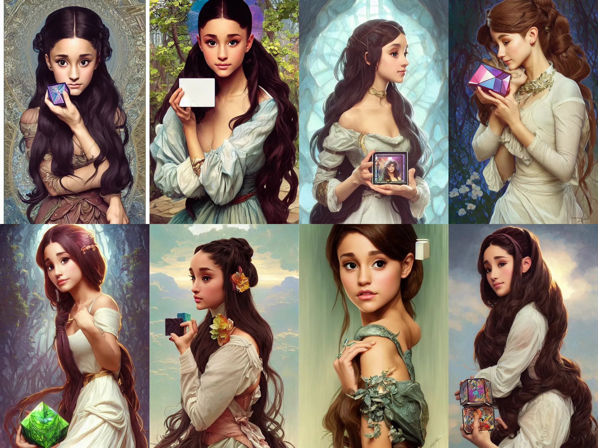 Prompt: beautiful cottagecore Ariana Grande holding a cube , intricate, elegant. highly detailed, digital painting, artstation, concept art, smooth, sharp, focus, illustration. color is #ff4277. art by artgerm and greg rutkowski and alphonse mucha