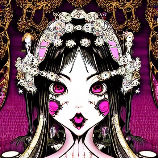 Image similar to baroque bedazzled gothic royalty frames surrounding a pixelsort emo demonic horrorcore japanese beautiful early computer graphics automaton doll, by guro manga artist Shintaro Kago