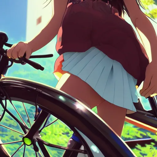 Image similar to close up of a high definition anime girl with rappi clothes in a rappi bike with armenia quindio in the background , Artwork by Makoto Shinkai, pixiv, 8k, official media, wallpaper, hd