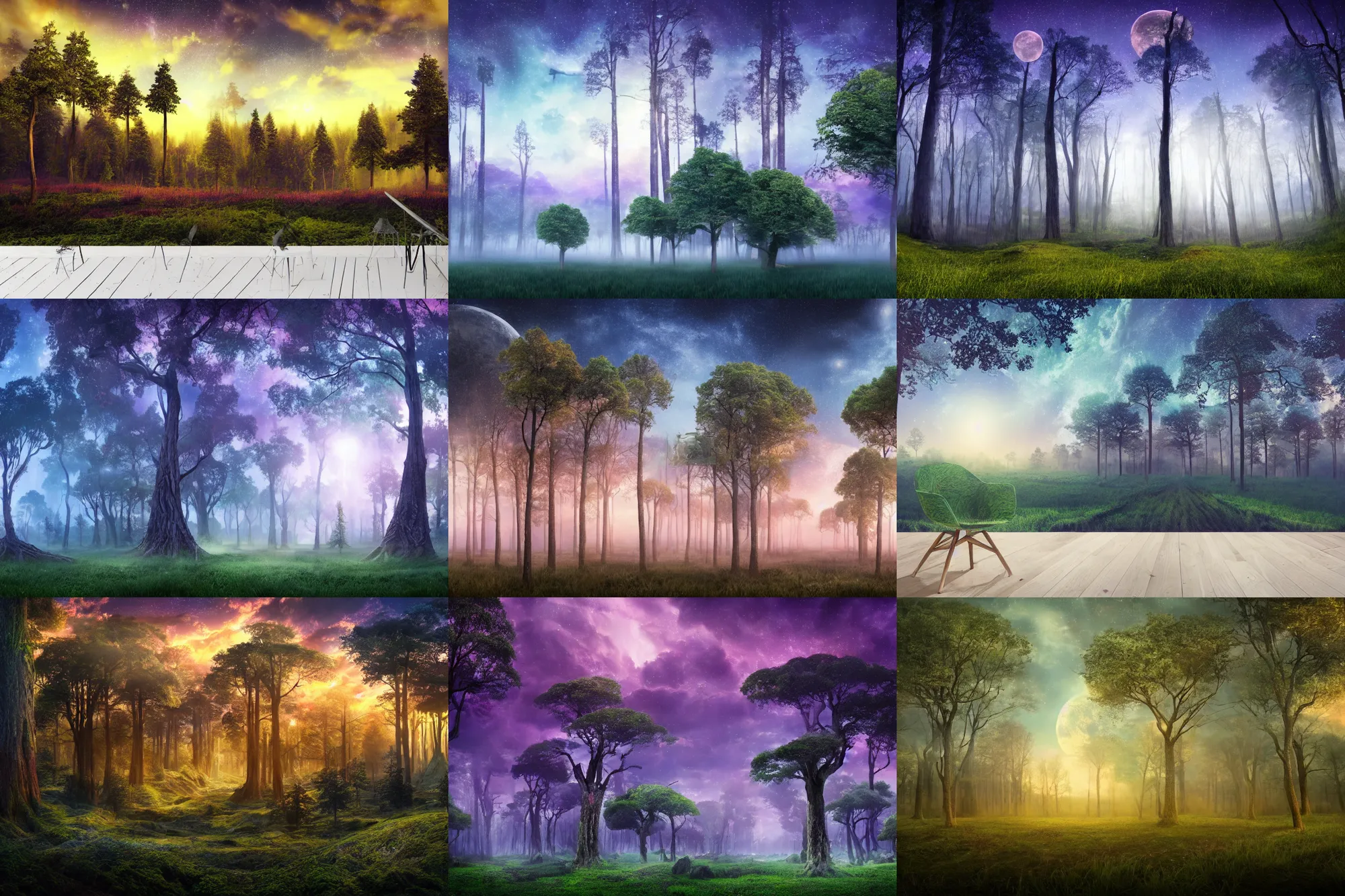 Prompt: landscape, a giant upside down forest with gigantic trees with the murple sky dawn, cinematic photorealistic matte painting