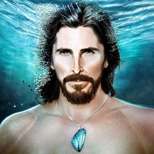 Prompt: christian bale portrait, fantasy, mermaid, hyperrealistic, game character, underwater, highly detailed, sharp focus, cinematic lighting, pearls, glowing hair, shells, gills, crown, water, highlights, starfish, jewelry, realistic, digital art, pastel, magic, fiction, ocean, king, colorful hair, sparkly eyes, fish, heroic, god, waves, bubbles, king