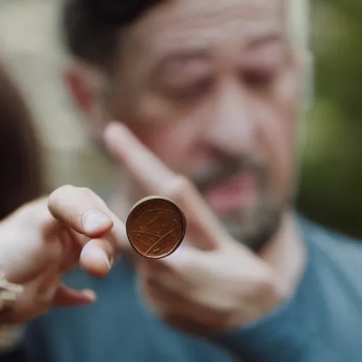 Image similar to photograph of man tossing a penny, wife in background, DSLR Photograph