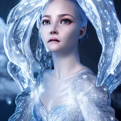 Image similar to portrait of a ice sprite, ice, dark, white glowing background lighting, hyper detailed, fairy tale, 4 k octane render