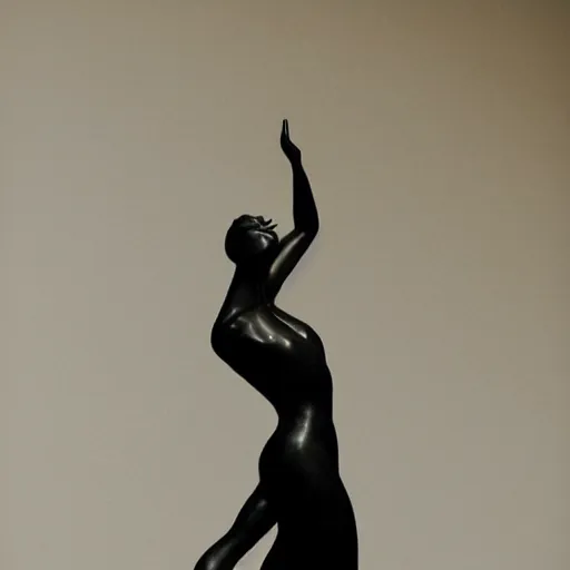 Prompt: a sculpture of a beautiful woman dancing with her hands pointing to the sky made of black marble, photography, white wall