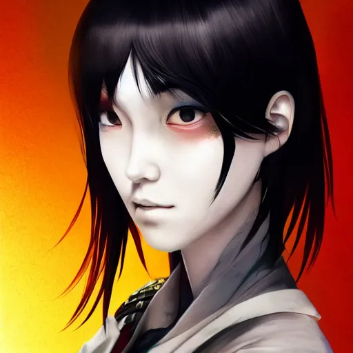 Image similar to heroine, beautiful, sui ishida with black hair, hyperrealistic, highly detailed, 8 k, a real photographic, digital art, character, realistic, full body portrait, female samurai, symatrical, dark atmospheric lighting, artstation, symetric, lineart