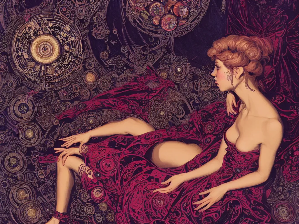 Image similar to high angle picture of a maximalist dress witch sitting on the floor and researching about the azathoth, extremely beautiful and aesthetic and detailed cute face, very huge magic circles on the hand, with familiar sprites, in the magic room, chiaroscuro, intricate, masterpiece, fantasy illustrations by ilya kuvshinov and jeremy lipking and quentin mabille