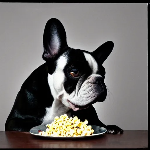 Image similar to french bulldog eating popcorn, in the style of tomma abts