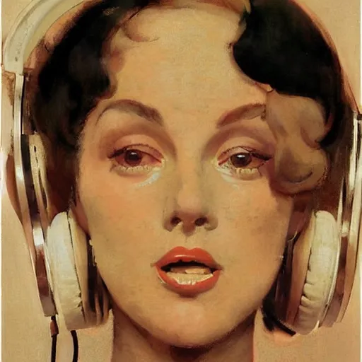 Prompt: Portrait of a woman with headphones that is shocked at what she's hearing, by Robert McGinnis.