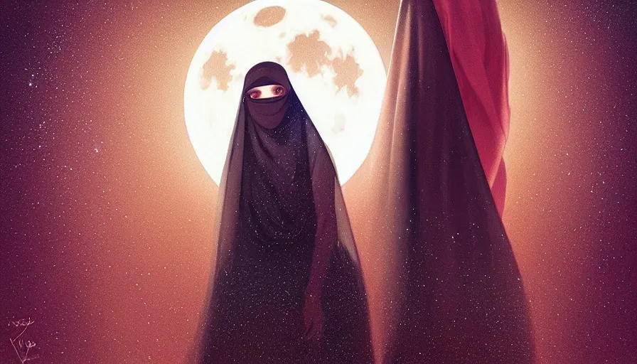 Prompt: Portrait of very very very very beautiful Arab woman wearing a Niqab, under giant full moon in the desert, intricate, glowing magical eyes, energy trails, elegant, highly detailed, digital painting, artstation, concept art, smooth, sharp focus, illustration, art by artgerm and greg rutkowski and alphonse mucha