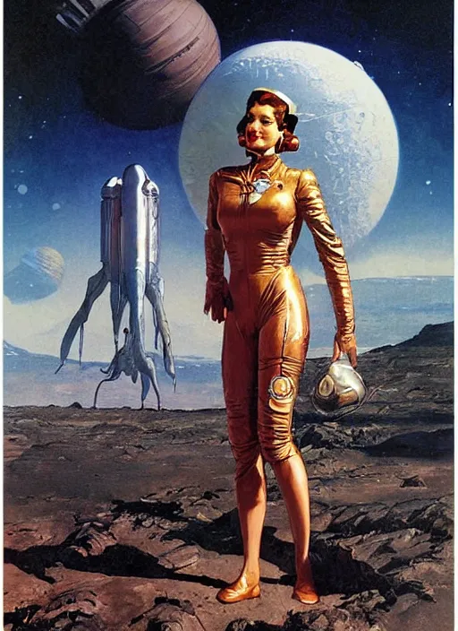 Image similar to tall elegant venusian woman wearing a latex spacesuit on alien world, by norman rockwell, jack kirby, jon berkey, earle bergey, craig mullins, ruan jia, jeremy mann, tom lovell, astounding stories, pulp illustration, scifi, amazing stories, other worlds