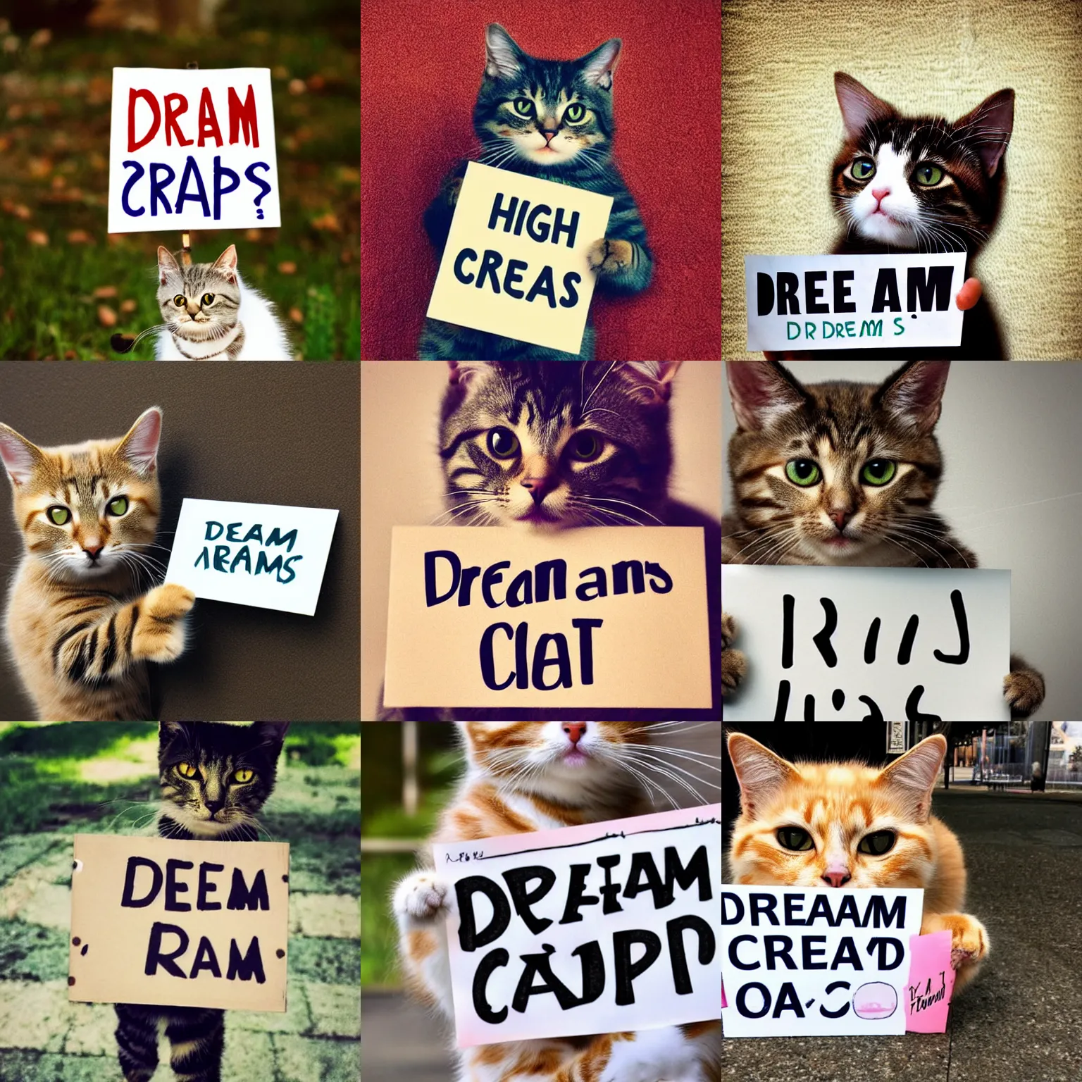 Image similar to realistic high quality photo of a cute cat holding a sign with text that reads : dream cats