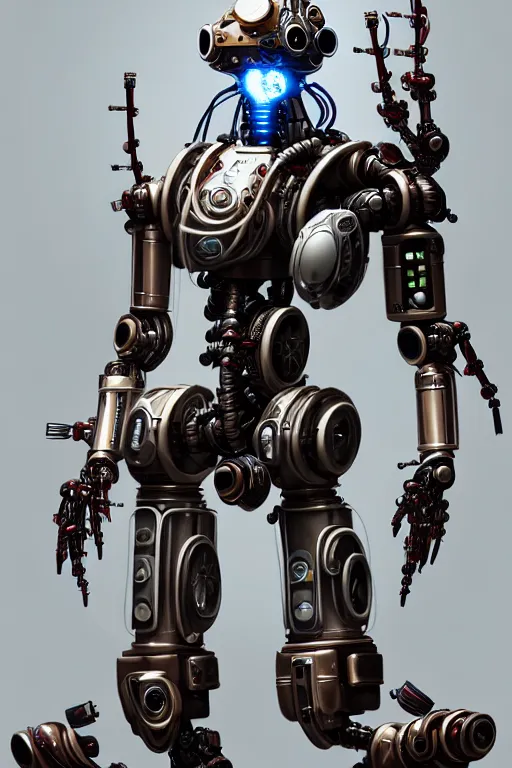 Image similar to a robot samurai with a steampunk rifle, perfect symmetrical body, full body shot, inflateble shapes, wires, tubes, veins, white biomechanical, wearing epic bionic cybor implants, masterpiece, intricate, biopunk vogue, highly detailed, artstation, concept art, cyberpunk, octane render
