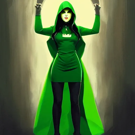 Prompt: Phil Noto comic art, artgerm, cinematics lighting, beautiful Anna Kendrick supervillain Enchantress, green dress with a black hood, angry, symmetrical face, Symmetrical eyes, full body, flying in the air over city, night time, red mood in background