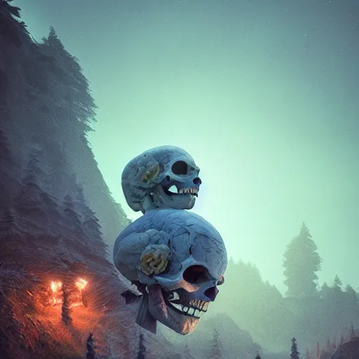 Image similar to beautiful dark landscape, justin sun skull head, beautiful flowers growing, in the style of beeple and mike winkelmann, intricate, epic lighting, cinematic composition, hyper realistic, 8 k resolution, unreal engine 5, raytracing, reflections, ultraviolet colors