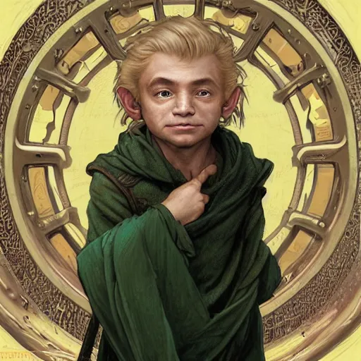 Image similar to portrait of a halfling boy, tired eyes, street rat, blonde hair, green eyes, wearing a dark cloak, intricate, elegant, highly detailed, my rendition, digital painting, artstation, concept art, smooth, sharp focus, illustration, art by artgerm, greg rutkowski and alphonse mucha and uang guangjian, gil elvgren, symmetry