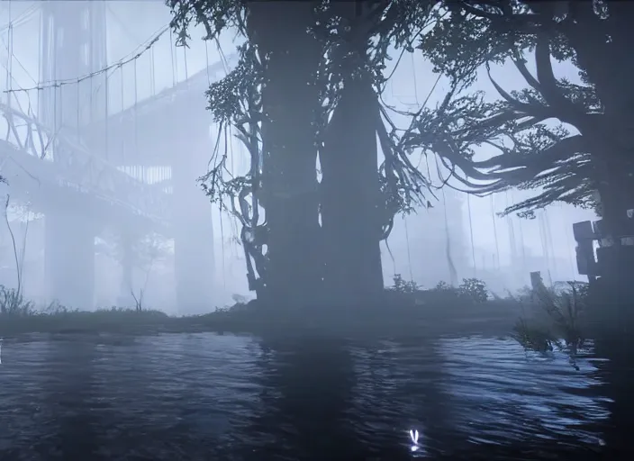Image similar to dark, misty, foggy, flooded new york city street swamp in Destiny 2, liminal creepy, dark, dystopian, abandoned highly detailed 4k 60fps in-game destiny 2 screenshot gameplay showcase