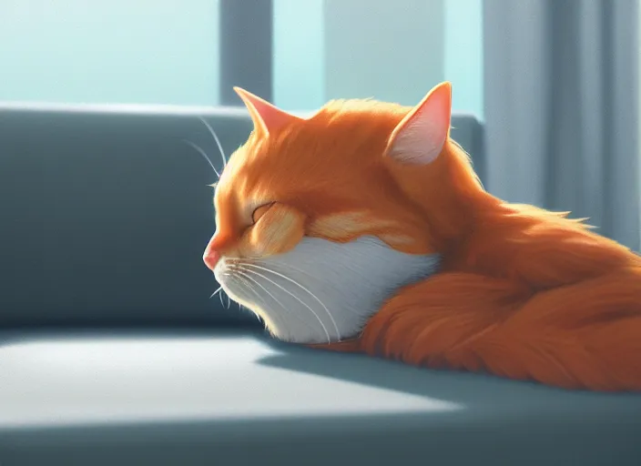 Image similar to a portrait of ginger cat, sleeping on a grey couch, close up, sun - rays, studio ghibli, pixar and disney animation, sharp, rendered in unreal engine 5, anime key art by greg rutkowski, bloom, dramatic lighting