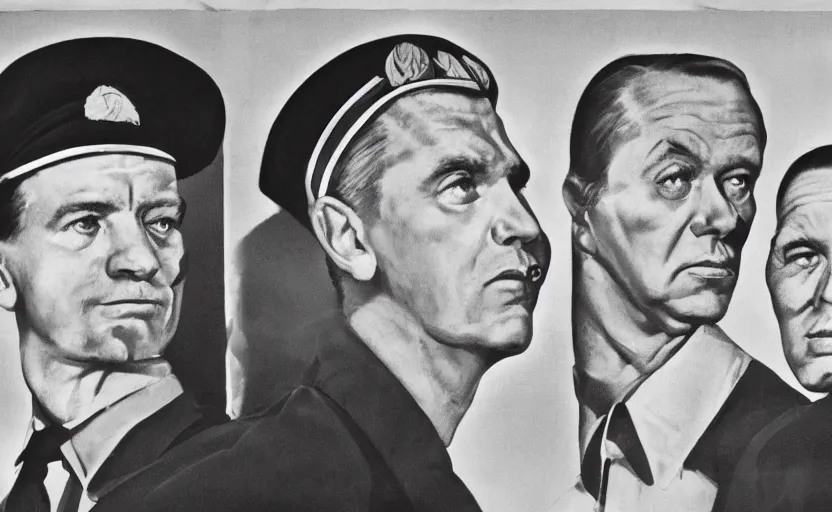 Image similar to 50s movie still close-up portrait of three individual elder soviet generals with very diverses faces in a stalinist style hall, by Irving Penn, Cinestill 800t 50mm black and white, heavy grainy picture, very detailed, high quality, 4k, HD criterion, precise texture, facial precision, diverse haircuts, diverse ages, each faces precisely define