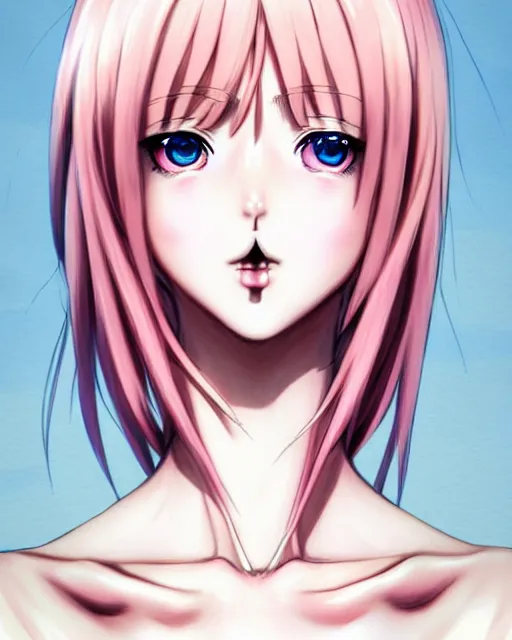 Image similar to portrait of a very very beautiful anime girl with chin length pink hair wearing a white tshirt, ( artstation ), lips with white lipstick, digital drawing, art by ( range murata ) and shirow masamune, highly detailed, sharp focus, soft shadows, watercolor