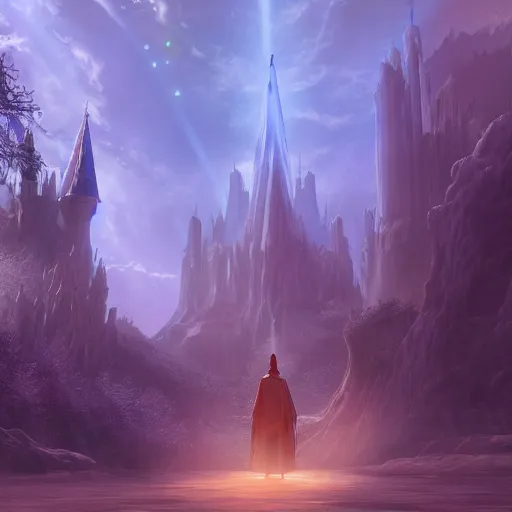 Prompt: a magical wizard in front of a big and mystical of a big and structured fantasy kingdom city, god rays, giant tree, portal to outer space digital art 8k, trending on artstation, anime, unreal engine