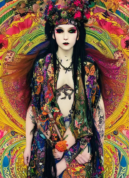 Prompt: cute punk goth fashion hippy fractal tattooed Carnival girl wearing kimono posing by Zhang Jingna, psychedelic poster art of by Victor Moscoso Rick Griffin Alphonse Mucha Gustav Klimt Ayami Kojima Amano Charlie Bowater, masterpiece