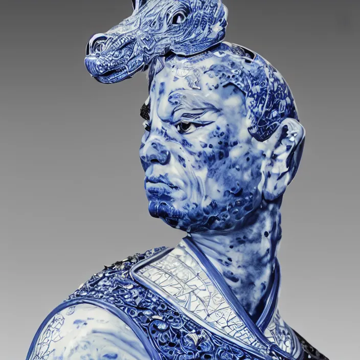 Image similar to a close - up portrait of an ornate blue and white porcelain figure made out of white vitrified translucent ceramic ; china. reflective detailed textures. gloomy black background. highly detailed fantasy science fiction painting by moebius, norman rockwell, frank frazetta, and syd mead. rich colors, high contrast. artstation