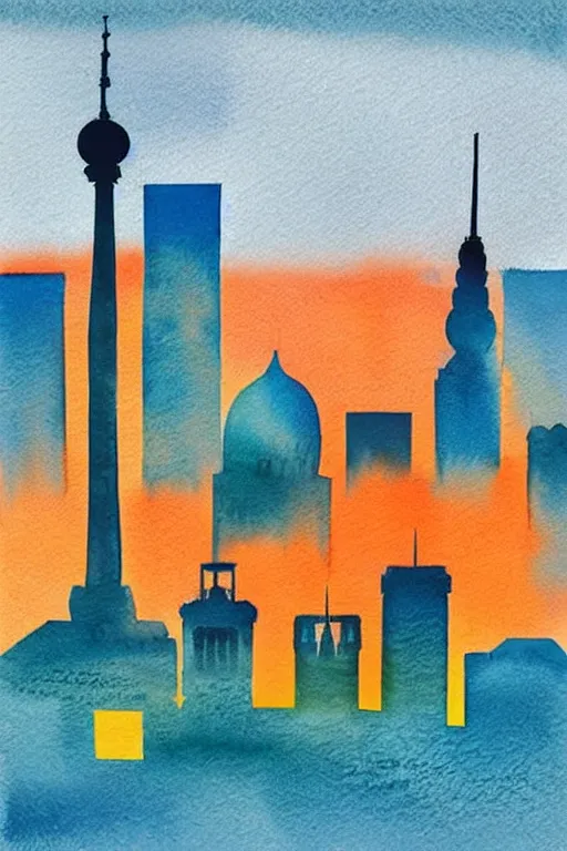 Prompt: minimalist watercolor art of berlin skyline at sunset, illustration, vector art