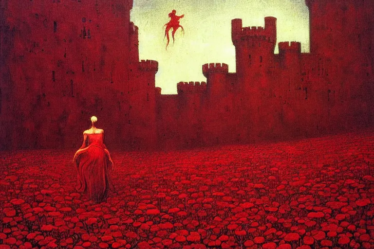 Image similar to only with red, red flowers of different types, a red tiger, a castle in the background, medieval demons dance over the flowers, an ancient path, in the style of beksinski, part by hopper, part by rodcenko, part by hofbauer, intricate composition, red by caravaggio, insanely quality, highly detailed, masterpiece, red light, artstation