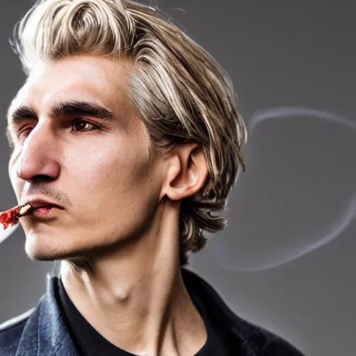 Image similar to a closeup photo of really handsome xqc smoking,