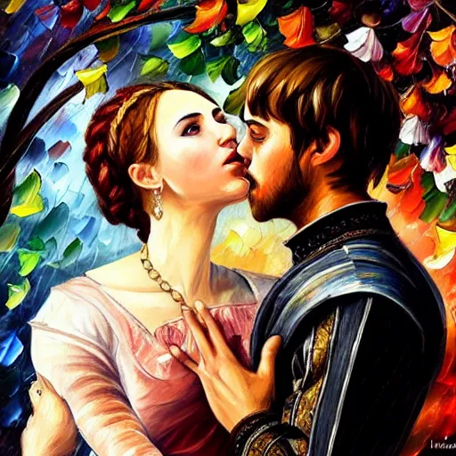 Image similar to highly detailed painting of shakespeare's romeo and juliet, last scene. intricate, high quality oil painting artstyle, in the style of leonid afremov, deviantart, figurative art, deviantart, ilya kuvshinov, lovecraftian, very detailed face, portrait