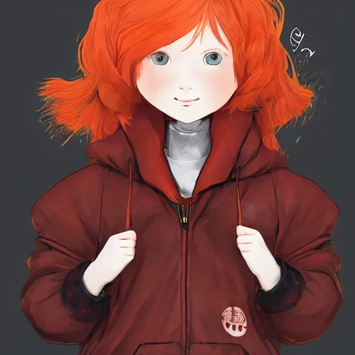 Prompt: A cute cartoon ginger girl with puffy red hair, wearing a brown jacket over a black hoodie, digital art, Akihiko Yoshida