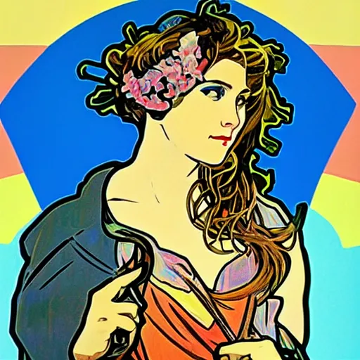 Image similar to balloon pop art in the style of alphonse mucha