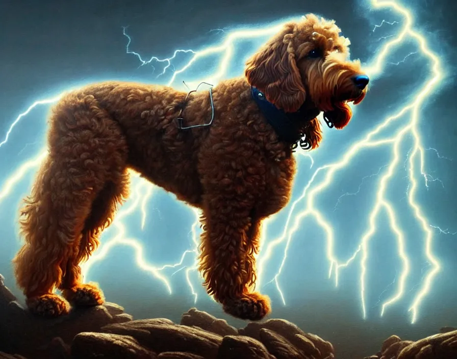 Image similar to an epic painting of a brown goldendoodle as zeus, shooting lightning bolts from his paws, by alex grey and greg rutkowski, intricate details, artstation, cinematic, hd, beautiful