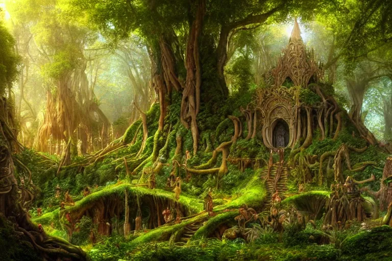 Prompt: a beautiful and highly detailed digital painting of an elven temple in a lush valley in mirkwood forest, psychedelic patterns, intricate details, epic scale, 8 k, sharp focus, photorealism, artstation, cgsociety, by caspar friedrich, albert bierstadt, james gurney, brian froud,