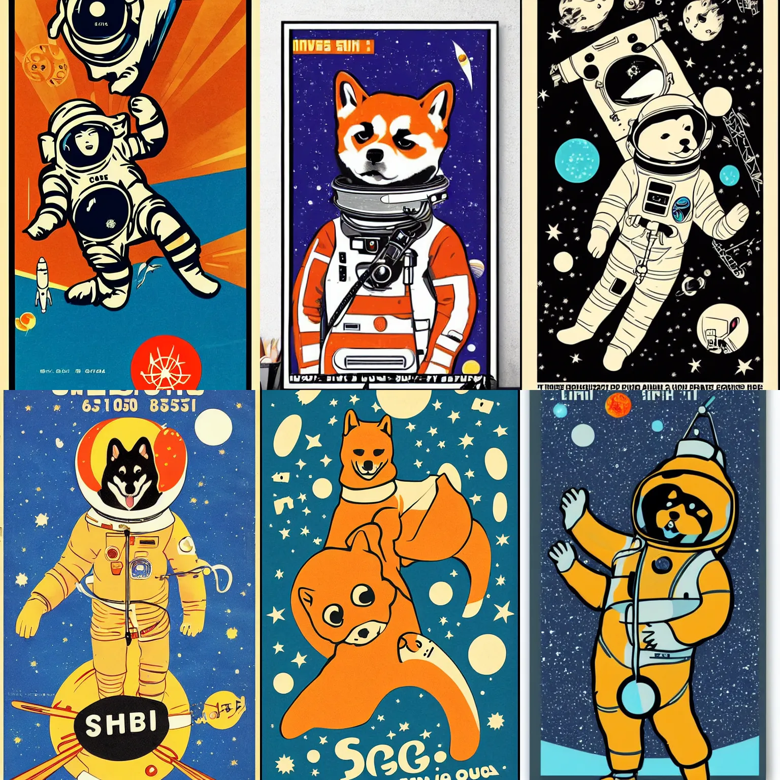 Image similar to Shiba Inu cosmonaut, 60s poster, in the style of a music poster 1960s