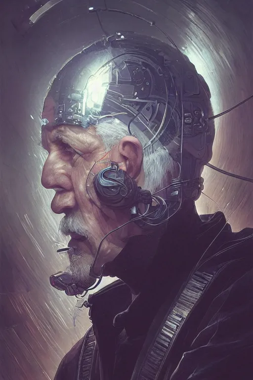 Image similar to cyberpunk old man, augmented, cyborg, movie poster, cinematic lighting, intricate, rugged, highly detailed, digital painting, artstation, smooth, sharp focus, illustration, art by artgerm and greg rutkowski and alphonse mucha and Wayne Barlowe and william-adolphe bouguereau