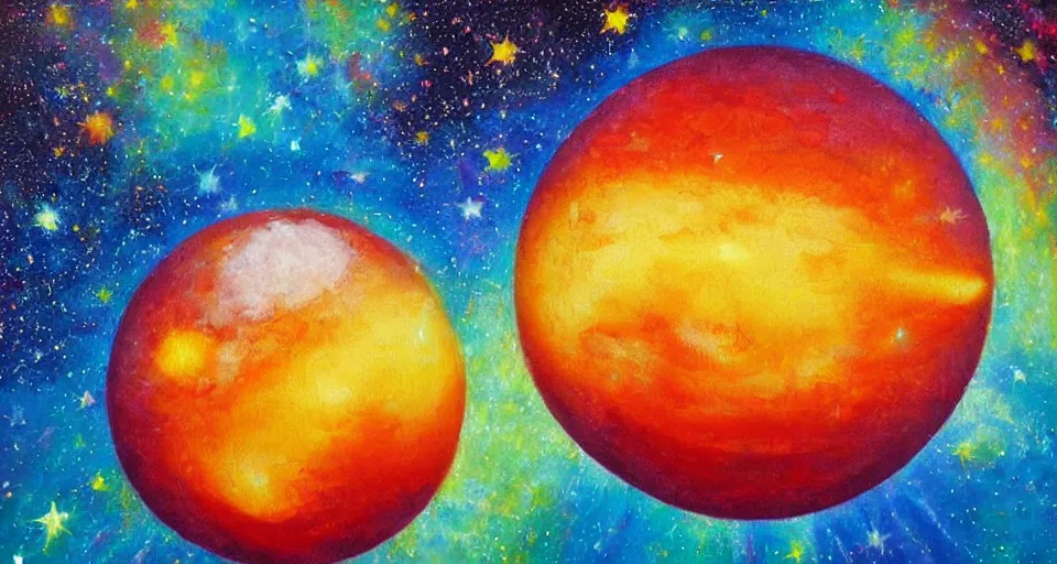 Image similar to award - winning realistic oil painting of a large planet made of colourful gas, colourful bright stars