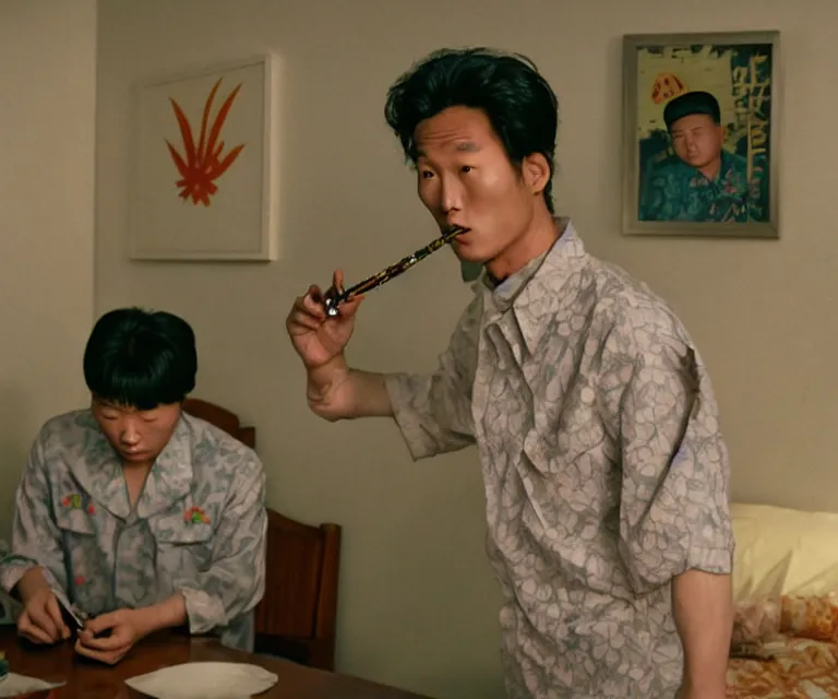 Prompt: hyperralism pineapple express movie still photography of real detailed north korean kim chen with detailed face smoking detailed weed joint in basement bedroom photography by araki nobuyoshi