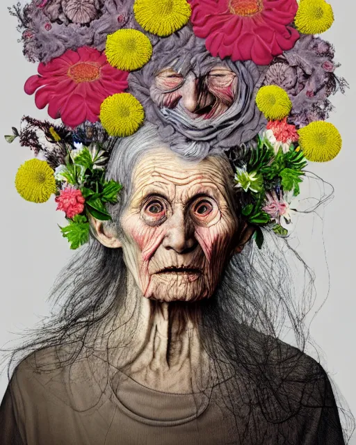 Prompt: a portrait of a fleshy old woman covered in flowers, who is surprised she is still alive, in the style of guiseppe arcimboldo and james jean, covered in wispy gray hair with a hint of neon, hd 3 d,