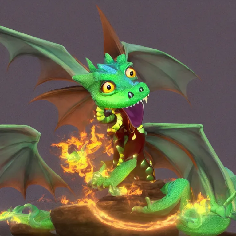 Image similar to A Render of a cute wyvern dragon with bright eyes, sitting on a rock breathing fire. In the style of Pixar Animation.