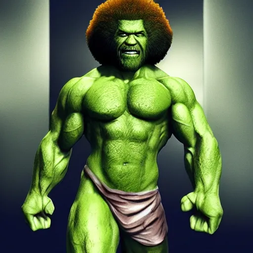 Image similar to photomanipulation of BOB ROSS as hulk with human flesh, marvel, fully detailed, volumetric lightening, octane render