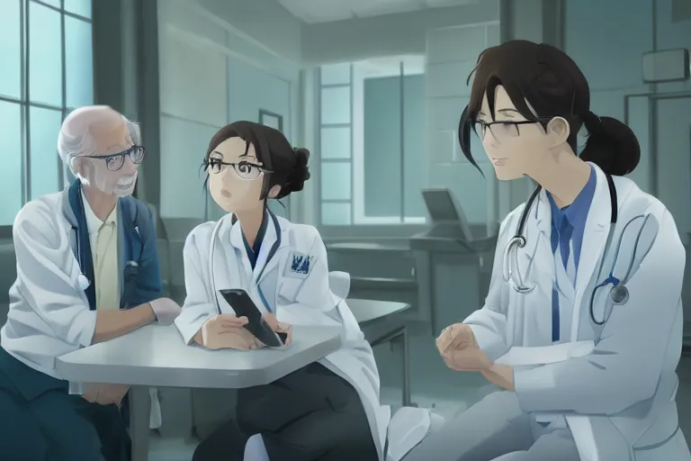 Prompt: a cute young female doctor wearing white coat are talking with an old surgeon in a hospital, lighting, anime scenery by Makoto shinkai