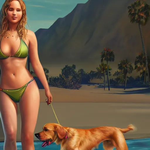 Image similar to highly detailed painting of jennifer lawrence wearing a bikini and her golden retriever dog, gta 5 cover art style, 8 k, radiant light, detailed and intricate environment, trending on artstation