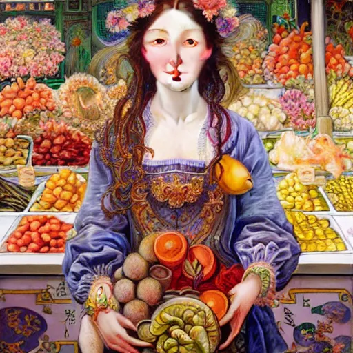 Prompt: a masterpiece ultrarealistic ultradetailed portrait of beautiful love fishmonger girl on fruits street market baroque renaissance. medium shot, intricate, elegant, by stanley artgerm lau, wlop, alphonse mucha, rossdraws, andrei riabovitchev, yoshitaka amano. flower background my james jeand and takashi murakami.