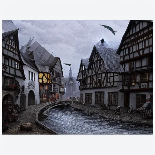Prompt: dark fantasy, 17th century German city, dark stone, rain, river, hyper-detailed