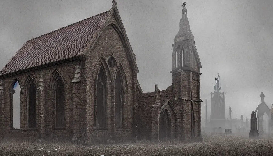 Prompt: abandoned old medieval damaged church at rainy morning, grey sky, muddy road, cemetery, hyperdetailed, artstation, cgsociety, 8 k