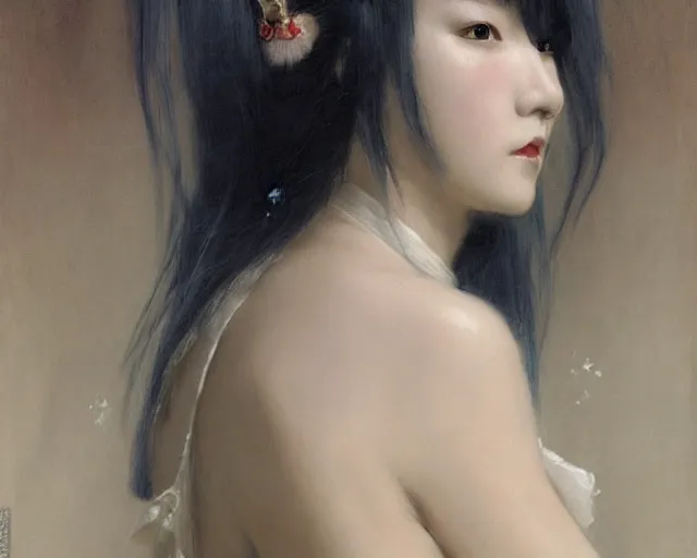 Prompt: a young japanese princess lady with white hair and bangs!!!!, posing with a sword, white hair highly detailed painting by gaston bussiere, craig mullins, j. c. leyendecker 8 k