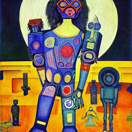 Image similar to the crow in her robot mask stands on the lawn, by annie swynnerton and kit williams and diego rivera and leo and diane dillon and nicholas roerich, symbolist, dramatic lighting, elaborate geometric ornament, art brut, god rays, soft cool colors, smooth, sharp focus, extremely detailed, adolf wolfli