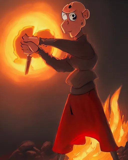 Prompt: squidward wearing fire nation clothing and practicing firebending outside at susnset, [ greg rutkowski ]