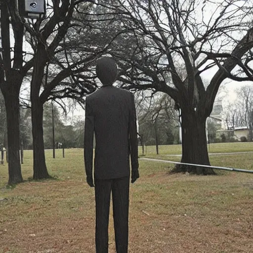 Image similar to slenderman standing in a park where kids are playing, cctv, old picture